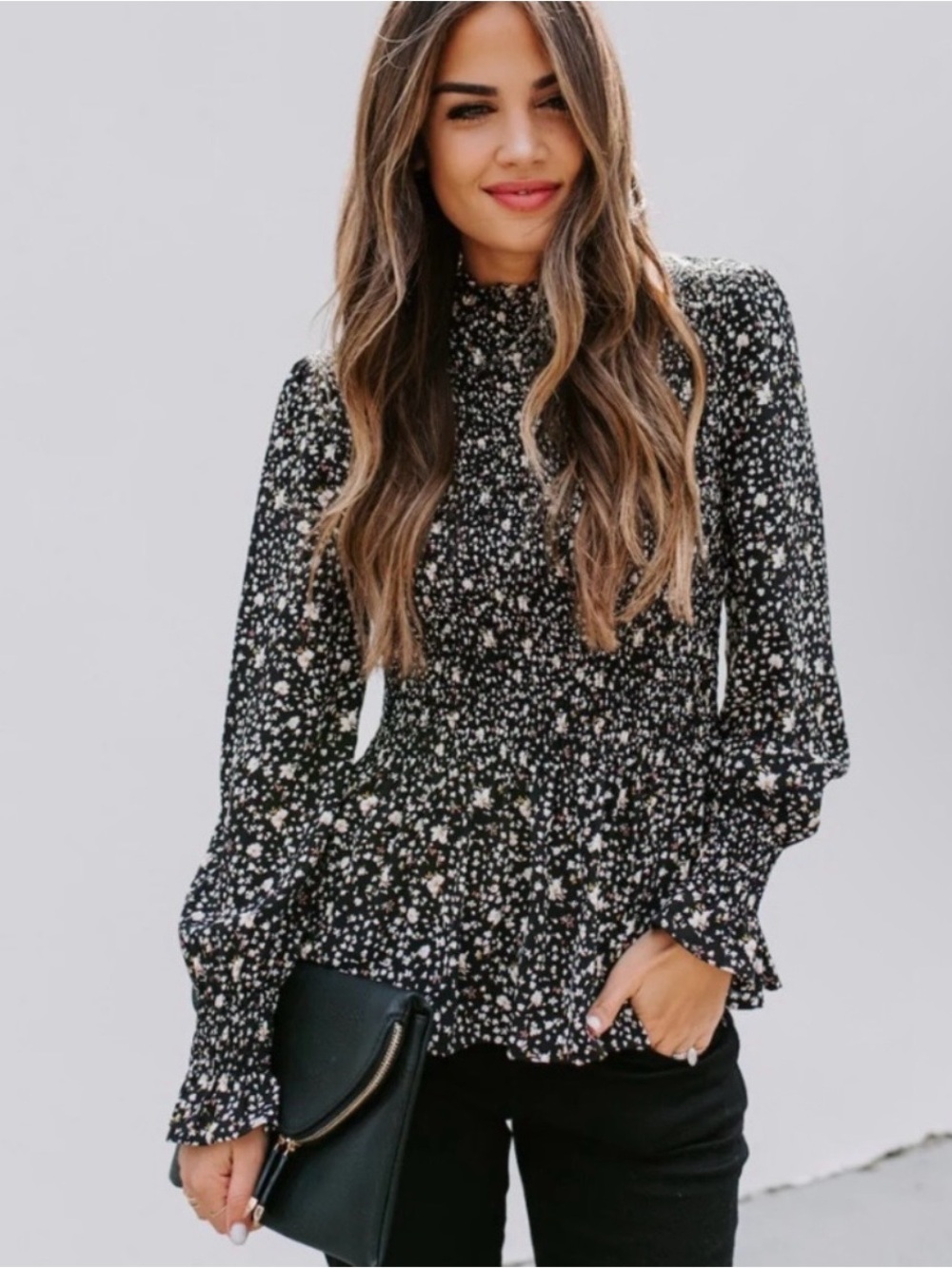 VICI Black & White Floral Smocked Peplum Blouse - Mock Neck